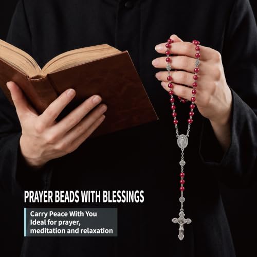 8mm Glass Pearl Rosary - Catholic Necklace for Men and Women Comes in a Metal Gift Box, First Communion Rosary Necklace as Gifts - color: Red