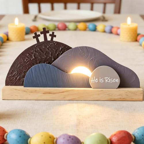 AOMOONOA Easter Empty Tomb Decor Set, He is Risen Resurrection Scene with Wooden Base, Religious Tomb Scene Easter Decoration for Christian Holiday Home Tabletop Decor