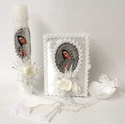Handmade 5 Piece Our Lady Guadalupe Virgin Mary Candle Set, White