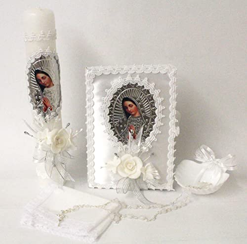 Handmade 5 Piece Our Lady Guadalupe Virgin Mary Candle Set, White