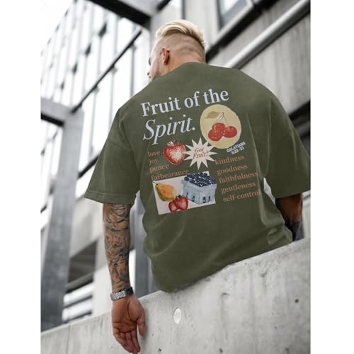 Christian Fruit of The Spirit Shirt for Men Jesus Religious Shirts Oversized Graphic Tees Acid Wash God T-Shirt Tops - color: Army Green, size: X-Small