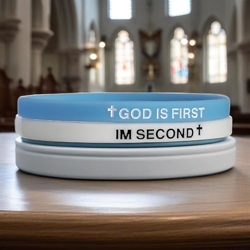 LIU JUN God Is First Bracelet, GOD IS FIRST IM SECOND Christian Rubber Bracelets Inspirational Engraved Bible Verses Cross Silicone Bracelet For Women Men Faith Gifts - color: blue-white