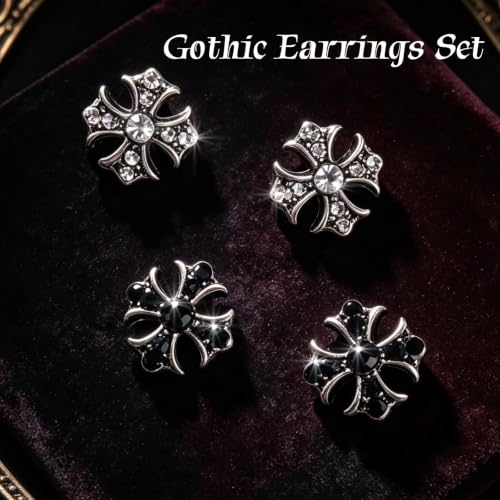 Gothic Cross Stud Earrings, Black & Silver Small CZ Jewelry for Women Men