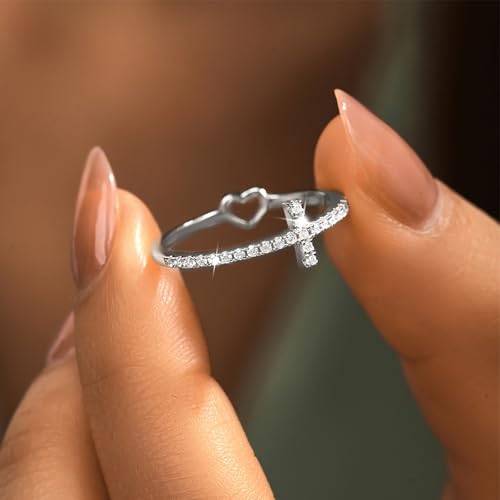 925 Sterling Silver Cubic Zirconia Heart Cross Rings for Women - color: Silver