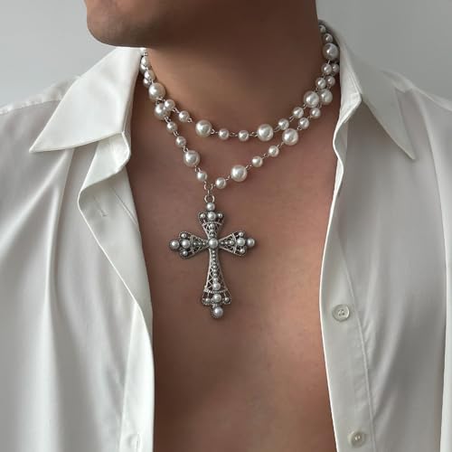 Pearl Cross Necklace Big Cross Pendants Necklaces for Women Chunky Pearl Necklace Gothic Cross Necklace Punk Vintage Cross Jewelry Women - style: Silver 05