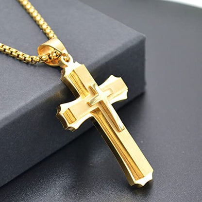 OLEVS Men's Cross Pendant Necklace Large Stainless Steel Cross Pendant Necklace for Men Women - color: gold-all