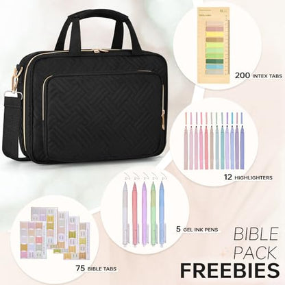 Bible Cover Case for Women Bible Study Supplies Christian Gifts for Women Church Camp Essentials Christian Bible Journaling Kit Quilted Large Bible Cover with Durable Handle (Black, Large) - color: Black