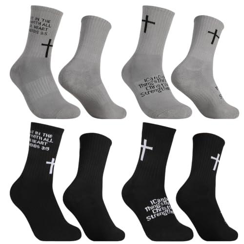 4 Pairs Christian Cross Socks Prayer Religious Socks - color: Black, Gray