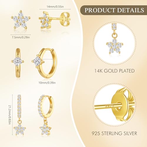 Angelady Gold Hoop Earrings Set for Women, Dainty 14K Gold Plated Flower Moon Cross Dangle Earrings, Hypoallergenic Huggie Hoop Earring Stacks, Stud Earrings for Women Trendy Jewelry Gift - color: Gold1