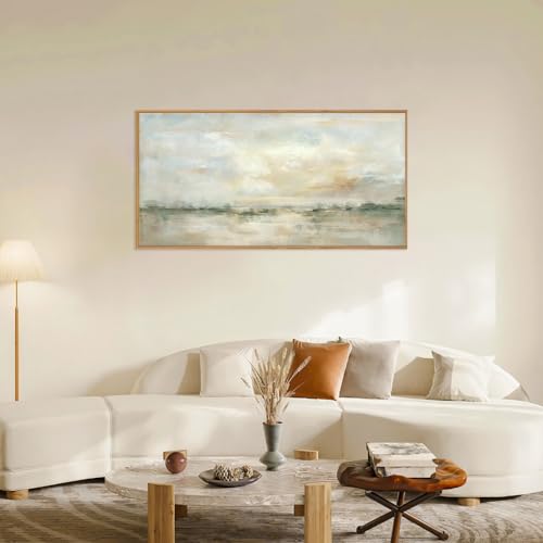 LHIUEM Large Abstract Green Gray Pastel Framed Canvas Wall Art,Neutral Landscape Wall Decor,Modern Watercolor Lake Artwork,Beige Textured Illustrations Art for Living Room,Bedroom,Office- 20"x40"x1 - color: Neutral Green Wall Art, size: 40"L x 20"W