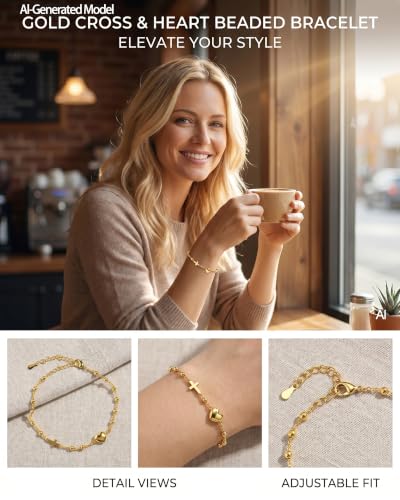 Gold-Tone Cross Link Bracelet with Sports & Heart Charms - Basketball Football Bracelet for Women, Faith-Inspired Christian Gifts for Women (Adjustable Chain) - color: Golden Heart