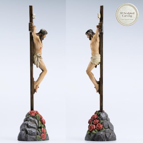 BC Catholic Crucifix Standing Cross with Rose Stone Base 12"H - size: 12 inches H