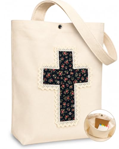 Christian Tote Bag Gift for Women, Canvas Bible Bag Handmade Floral Cross - color: Cream-ink Blue Vintage Floral