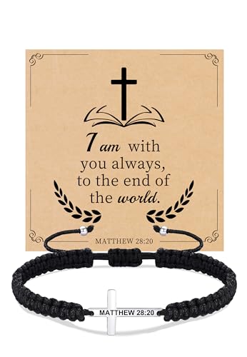 Christian Gifts Cross Bracelet for Men Easter Baptism Religious Gifts for Women Handmade Braided Bracelets Inspirational Confirmation Gifts for Teenage Girl Boys Jewelry - color: Silver, style: MATTHEW 28:20
