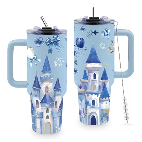 Gifts for Women, Castle 40 oz Tumbler with Handle & Straw - color: Castle-Blue