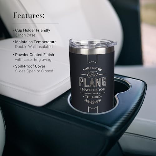 Christian Art Gifts Large Stainless Steel Inspirational Travel Tumbler for Men & Women: Know the Plans Encouraging Bible Verse, Engraved Double Wall Vacuum Insulated, Lid, 24hr Hot/Cold, Black, 18 oz. - color: Black/Know the Plans