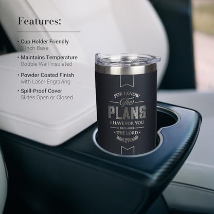 Christian Art Gifts Large Stainless Steel Inspirational Travel Tumbler for Men & Women: Know the Plans Encouraging Bible Verse, Engraved Double Wall Vacuum Insulated, Lid, 24hr Hot/Cold, Black, 18 oz. - color: Black/Know the Plans