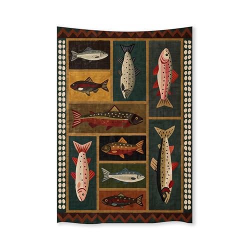 FoxUncle Fish Tapestry 60 X 90 Inches Vintage Dark Western Wall Art Rustic Country Salmon Trout Painting Retro Cabin Aesthetic Decor for Living Room Bedroom - color: Black, size: 90"L x 60"W