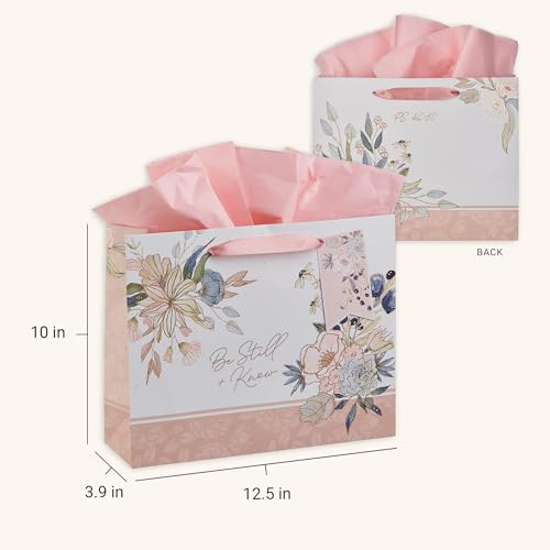 Christian Art Gifts Large White Gift Bag with Tissue, Be Still & Know - color: Be Still/White & Pink Multicolor Floral, style: Large Landscape
