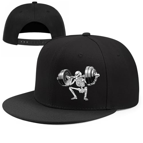 Skull Flat Bill Hats for Men Women Adjustable Dad Trucker Hat Skeleton Snap Backpack Hats for Hip-hop Running Cycling - color: Gym Skeleton