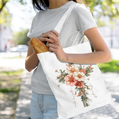 VICBOU Bible Verse Canvas Tote Bag Religious Christian Gifts for Women Men Faith Canvas Tote Reusable Grocery Bag - color: Crossflowers01