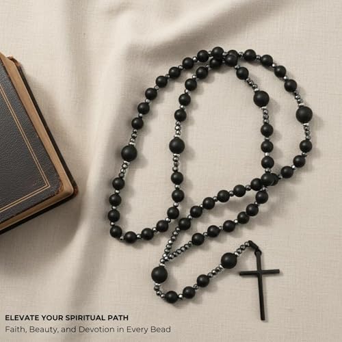 Nazareth Store Jasper Rosary Necklace – Catholic Handmade Rosary with Stone Beads, Hematite Spacers, and Black Alloy Cross – Durable Prayer Beads for Men and Women - color: Black onyx