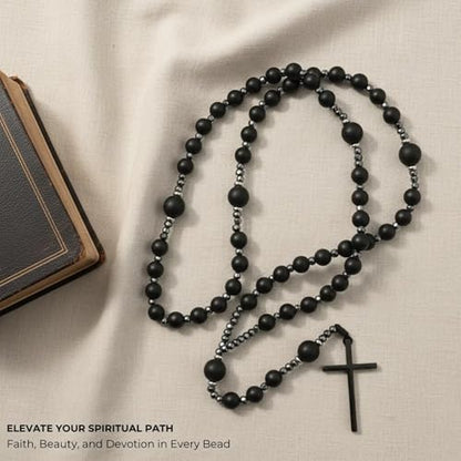 Nazareth Store Jasper Rosary Necklace – Catholic Handmade Rosary with Stone Beads, Hematite Spacers, and Black Alloy Cross – Durable Prayer Beads for Men and Women - color: Black onyx