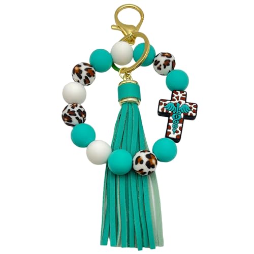 Beaded Keychain Wristlet Silicone Cross Elastic Wrist Key Ring Tassel Bangle Key Chains for Car Key Bracelet Women - color: Leopard Turquoise