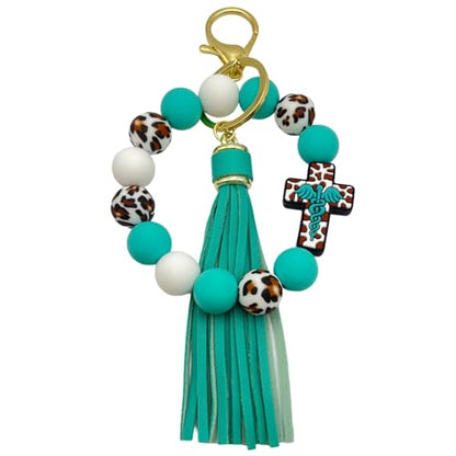 Beaded Keychain Wristlet Silicone Cross Elastic Wrist Key Ring Tassel Bangle Key Chains for Car Key Bracelet Women - color: Leopard Turquoise