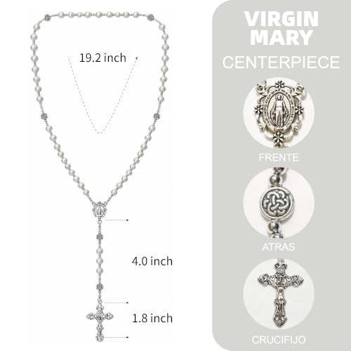 8mm Glass Pearl Rosary - Catholic Necklace for Men and Women Comes in a Metal Gift Box, First Communion Rosary Necklace as Gifts - color: White