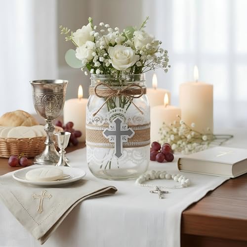 Remerry 12 Pack Cross Baptism Table Centerpieces with Mason Jar Lace Burlap