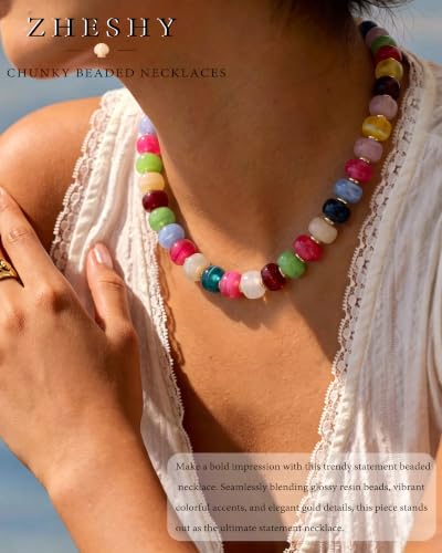 ZHESHY Chunky Beaded Necklaces for Women Heart Cross Statement Necklace - color: Multicolor