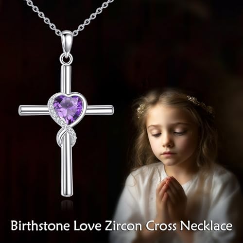 S925 Sterling Silver Cross Necklace for Women Birthstone Necklace Heart Infinity Cross Pendant Necklace Christmas Valentines Day Gifts Birthday Holiday Gifts for Her, 18"+2" Inches - color: 02-Feb Birthstone - Amethyst