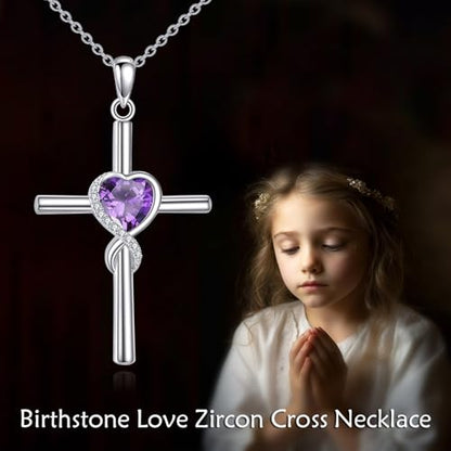 S925 Sterling Silver Cross Necklace for Women Birthstone Necklace Heart Infinity Cross Pendant Necklace Christmas Valentines Day Gifts Birthday Holiday Gifts for Her, 18"+2" Inches - color: 02-Feb Birthstone - Amethyst