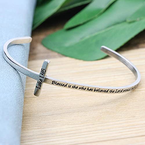 Memgift 𝐂𝐫𝐨𝐬𝐬 𝐁𝐫𝐚𝐜𝐞𝐥𝐞𝐭 Religious Cuff Bangle 𝐁𝐢𝐛𝐥𝐞 𝐕𝐞𝐫𝐬𝐞 Christian Gifts Jewelry for 𝐖𝐨𝐦𝐞𝐧 - style: Silver cuff-Blessed is she who has believed ... to her -Luke 1:45