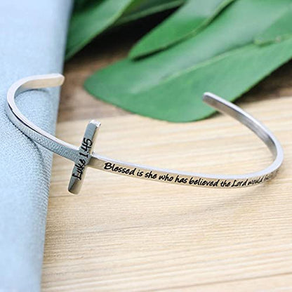 Memgift 𝐂𝐫𝐨𝐬𝐬 𝐁𝐫𝐚𝐜𝐞𝐥𝐞𝐭 Religious Cuff Bangle 𝐁𝐢𝐛𝐥𝐞 𝐕𝐞𝐫𝐬𝐞 Christian Gifts Jewelry for 𝐖𝐨𝐦𝐞𝐧 - style: Silver cuff-Blessed is she who has believed ... to her -Luke 1:45