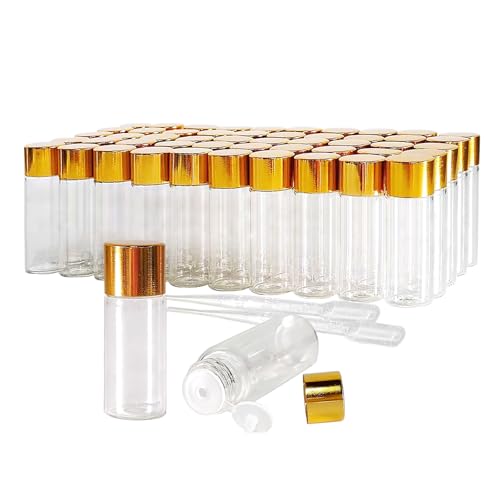 50Pcs 5ml Mini Essential Oil Bottles with Orifice Reducers and Gold Caps,5ml Clear Glass Bottles Vials Sample Bottles, for Perfume, Aromatherapy, Cosmetic Oils Container - size: 5ml
