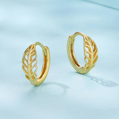 Turquoise Cross Hoop Earrings for Women 14K Gold Plated Infinity Angel Feather Pearl Turquoise Cross Star Hypoallergenic Post Christan Everyday Huggie Jewelry Gift - color: Gold Leaf