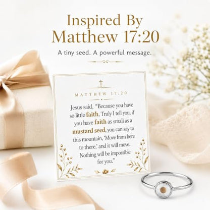 Mustard Seed Ring for Women Christian Faith Jewelry Silver Tone Adjustable Open Ring Inspirational Bible Verse Gift with Message Card - color: A5:size10