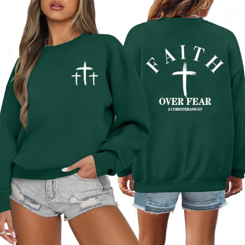 Christian Sweatshirts for Women Jesus Cross Casual Tops - color: Green, size: Large