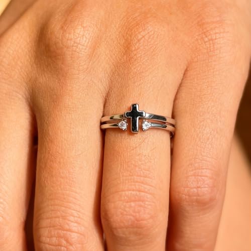 Cross Ring for Women, Dainty Faith Cubic Zirconia Ring Easter Religious Christian Confirmation Baptism Women's Jewelry Gifts for Mother Sisters Daughter Granddaughter Non Tarnish