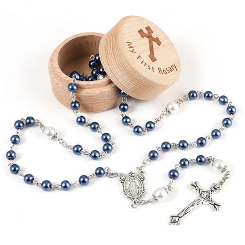 My First Rosary Baptism Gifts Rosary Catholic Keepsake Box for Baby Shower First Communion Christian Beads Gifting Set (Blue)