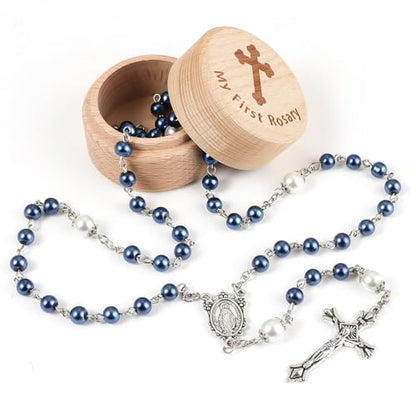 My First Rosary Baptism Gifts Rosary Catholic Keepsake Box for Baby Shower First Communion Christian Beads Gifting Set (Blue)