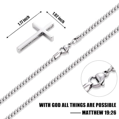 Fiusem Cross Necklace for Men, Stainless Steel Cross Pendant STXL023 - color: Silver, size: 22", style: MATTHEW 19:26