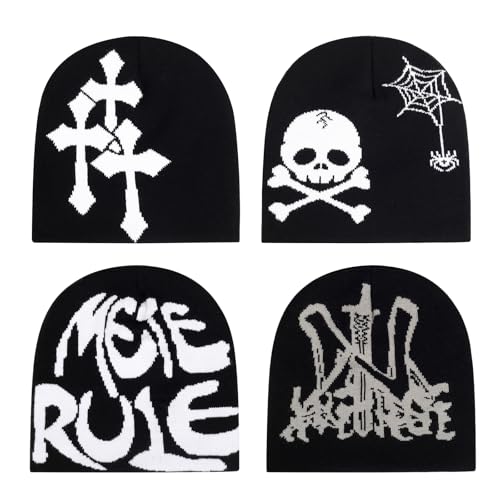 4Pcs Y2k Beanie Winter Knitted Hat Warm Graphic Cap for Women Men - color: N-8