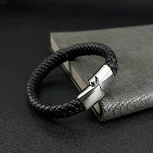 Kim Carrey Italian Handmade Leather Bracelets for Men - color: Black Braid, size: 8.2"