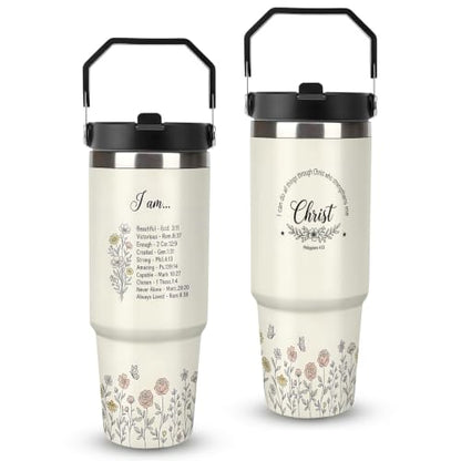 30 oz Christian Travel Mug with Handle and Straw, Aesthetic Wildflower Stainless Steel Vacuum Insulated Tumbler, Water Bottle, Inspirational Gifts for Women - color: christian travel mug