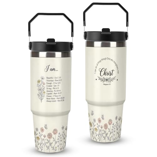 30 oz Christian Travel Mug with Handle and Straw, Aesthetic Wildflower Stainless Steel Vacuum Insulated Tumbler, Water Bottle, Inspirational Gifts for Women - color: christian travel mug