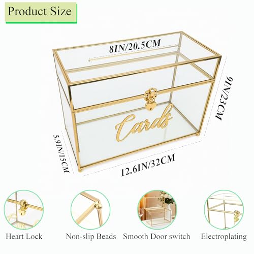Wedding Card Box with Heart Lock, Large Metal Glass Card Box with Gold Frame for Party Reception, Wedding, Baby Showers, Birthdays, Bridal, or Graduation, 12.6×5.9×9 Inches