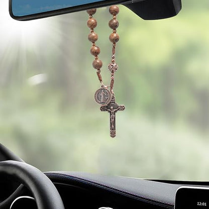 Nazareth Store Wood Beads One Decade Rosary Handmade Pocket Car Mirror with Saint Medal and Jesus Cross in Antique Bronze Wooden Travel Friendly Rosary - style: St benedict & St benedict cross